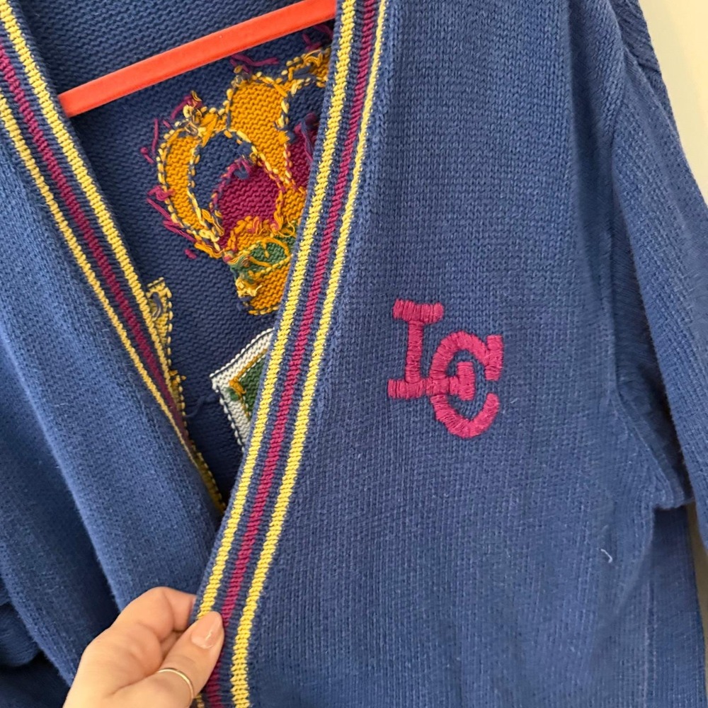 Lizsport Vintage Crest Cardigan Sweater Blue Ramie Cotton Knit Large MCMXCIII - Picture 3 of 8